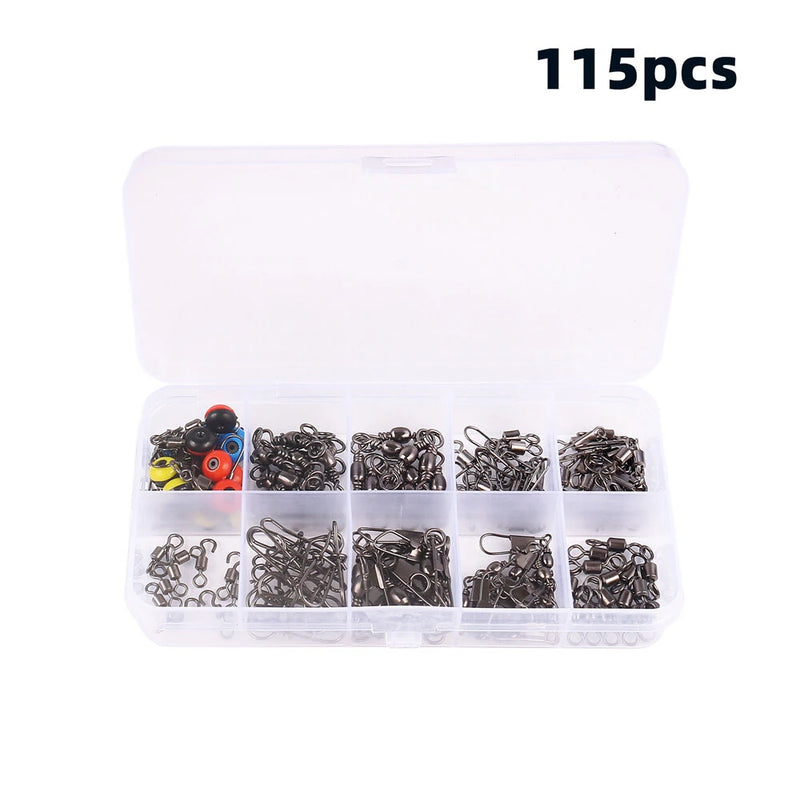 Anmuka 115pcs Fishing Connector Swivel Box Pack Pins Center Pass Swivels Sea Bean Bass Trout Fishing Accessories