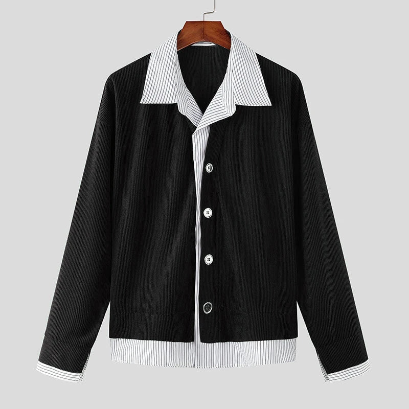 INCERUN Mens Textured Patchwork Striped Long Sleeve Shirt Fashion Lapel Men Top Comfortable