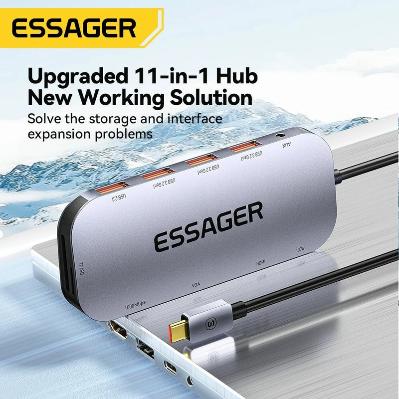 Essager 11 in 1 Type-C Docking Station 3*USB 3.2 Gen1 5Gbps HDMI 4K@30HZ VGA RJ45 1000Mbps PD Charger USB Hubs 100W For Macbook Air Pro Adapter Splitter