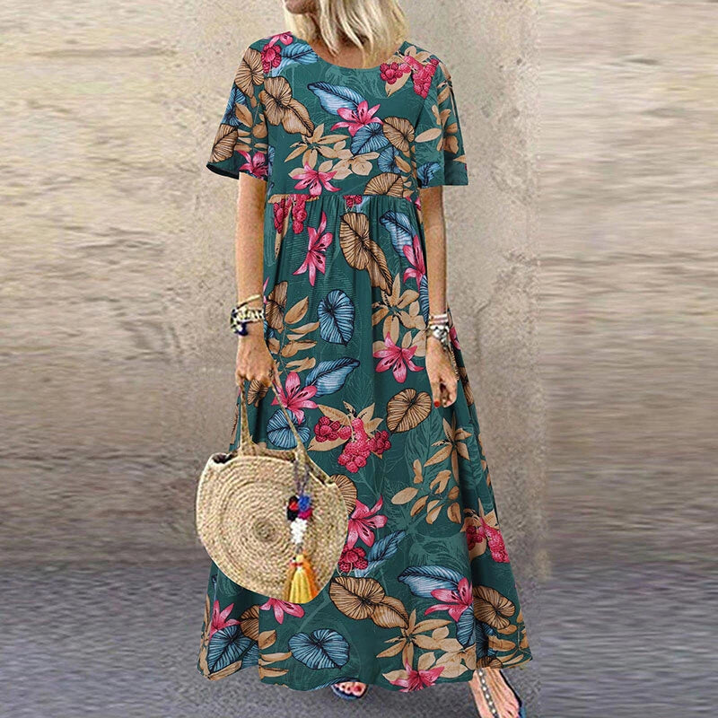 ZANZEA Womens Summer Short Sleeve Printed Swing Long Maxi Dress Holiday Beach Sundress