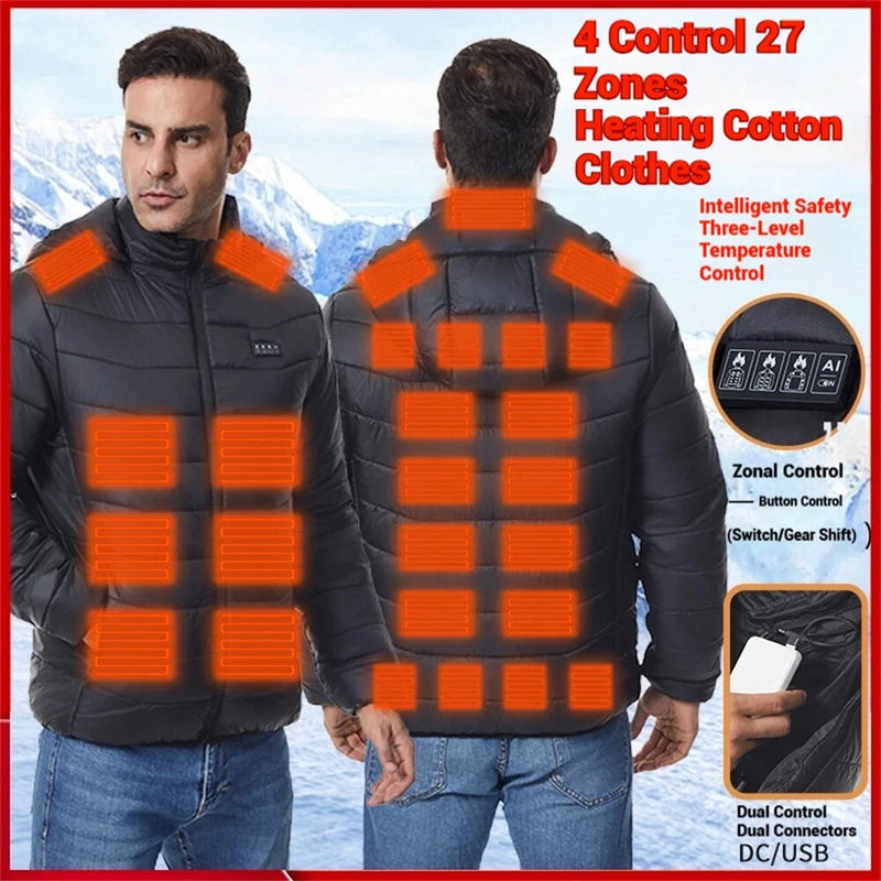 TENGOO 4 Control 27 Zone Smart Heating Cotton Jacket DC-USB Dual Interface Men's Warm Winter Coat Comfortable Heated Clothing(No Battery)