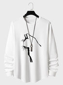 ChArmkpR Mens Cat Graphic Crew Neck Curved Hem Long Sleeve T-Shirts