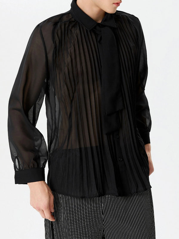 INCERUN Mens Shirt Fashion Black See Through Shirts Long Sleeve Lace Up Bow Knot Black Tops Summer Men Clothing