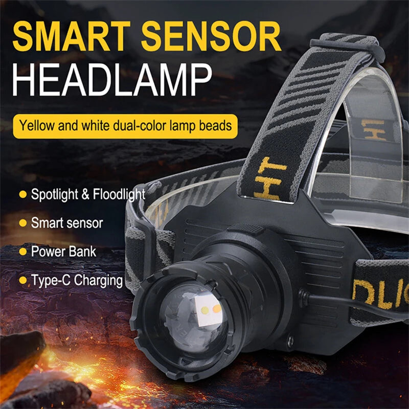SEEKNITE 500M Distance Smart Sensor LED Headlamp Spotlight/Floodlight Zoom, Yellow/White Light Adjusted, Type-C Rechargeable, Fishing Camping Running Working Headlight Long Shot Head Flashlight