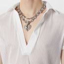 INCERUN Men Fashion Stripe Short Sleeve T-shirt Summer See-through V-neck Tee Solid Color Mens Top