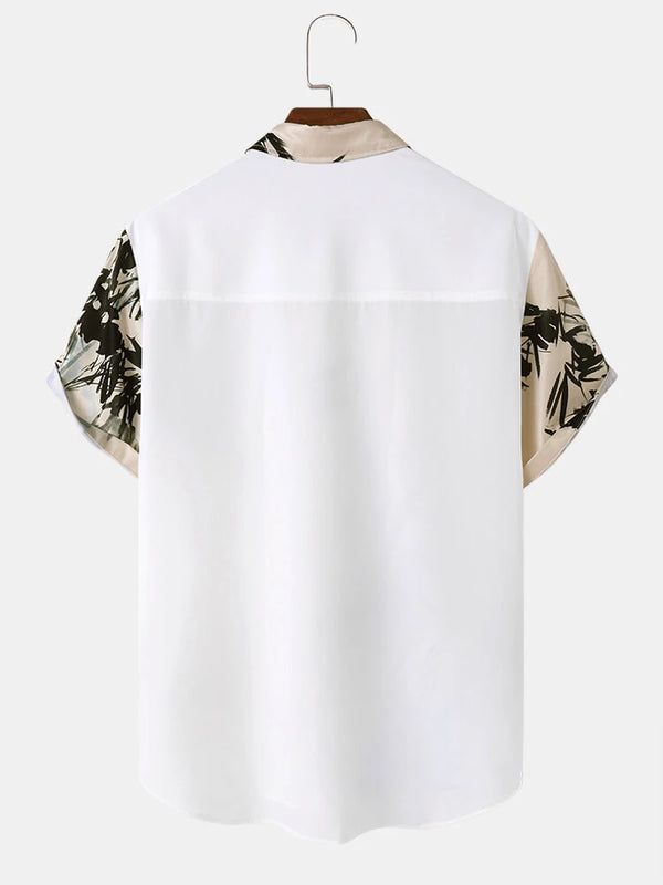 ChArmkpR Mens Ink Bamboo Print Patchwork Button Up Short Sleeve Shirts