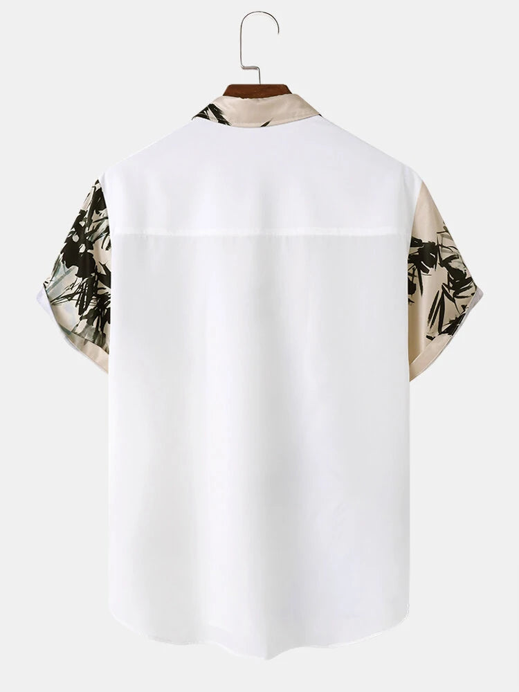 ChArmkpR Mens Ink Bamboo Print Patchwork Button Up Short Sleeve Shirts