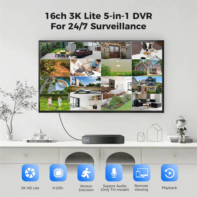 Hiseeu 3K 5MP 16CH H.265+ DVR Security Digital Video Recorder Advanced DVR with Person Vehicle Detection for CCTV Security Camera Support AHD TVI CVI CVBS IP Camera Remote Access