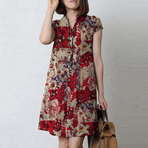 ZANZEA Women Bohemian Floral Printed V-Neck Cotton Dress Holiday Casual Short Sleeve Sundress