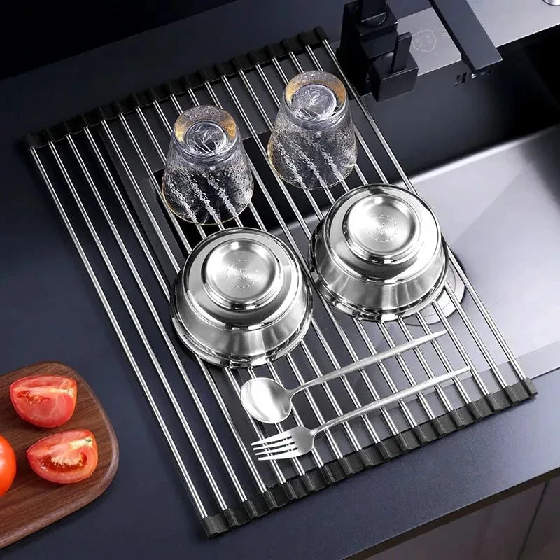 12/15 Tube Foldable Kitchen Sink Drainer Stainless Steel Vegetable Fruit Bowls Dishes Drain RackKitchen Sink Shelf Kitchen Utensils