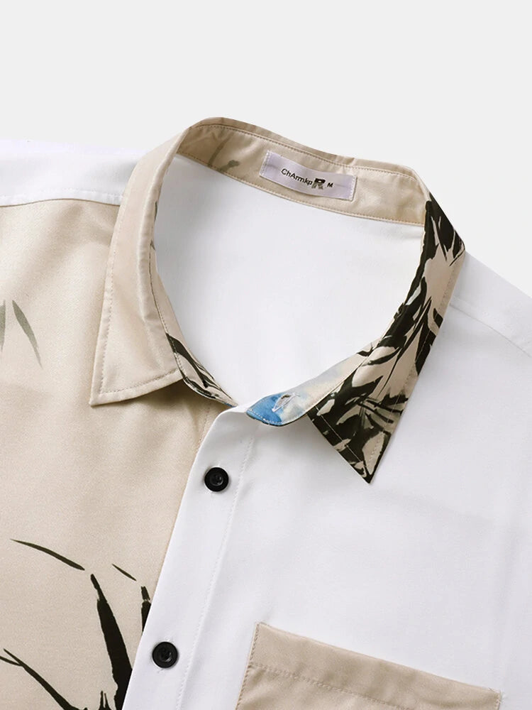 ChArmkpR Mens Ink Bamboo Print Patchwork Button Up Short Sleeve Shirts