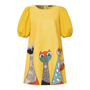 VONDA Women Bubble Short Sleeve Midi Dress Animal Print Cute Crew Neck Beach Dress Plus Size