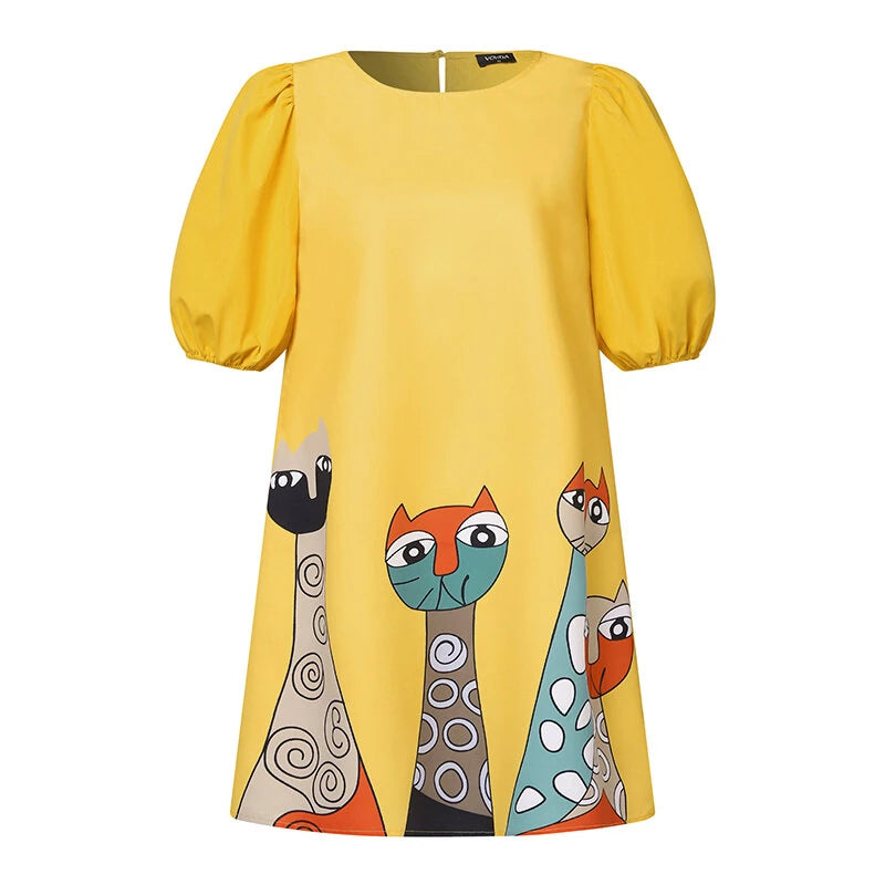 VONDA Women Bubble Short Sleeve Midi Dress Animal Print Cute Crew Neck Beach Dress Plus Size