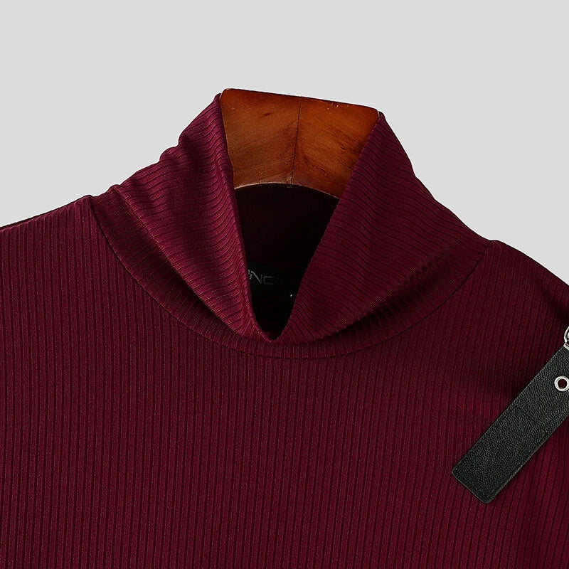 INCERUN Mens Textured High Neck Long Sleeve Knitted Sweater Comfortable High Stretch Fall Winter Tops for Male S-5XL