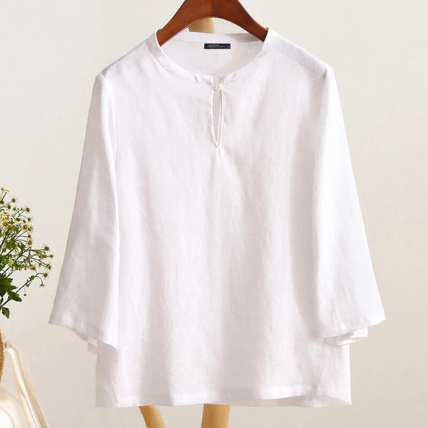 ZANZEA Women Button Summer O-Neck 3/4 Sleeve Solid Blouses Casual Cotton Linen Shirts for Women Loose Fit