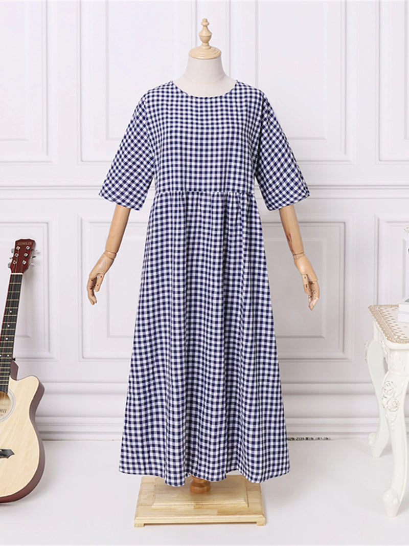 ZANZEA Plus Size Women Long Dress Casual Loose Plaid Print O-Neck Half Sleeve Beach Maxi Dress