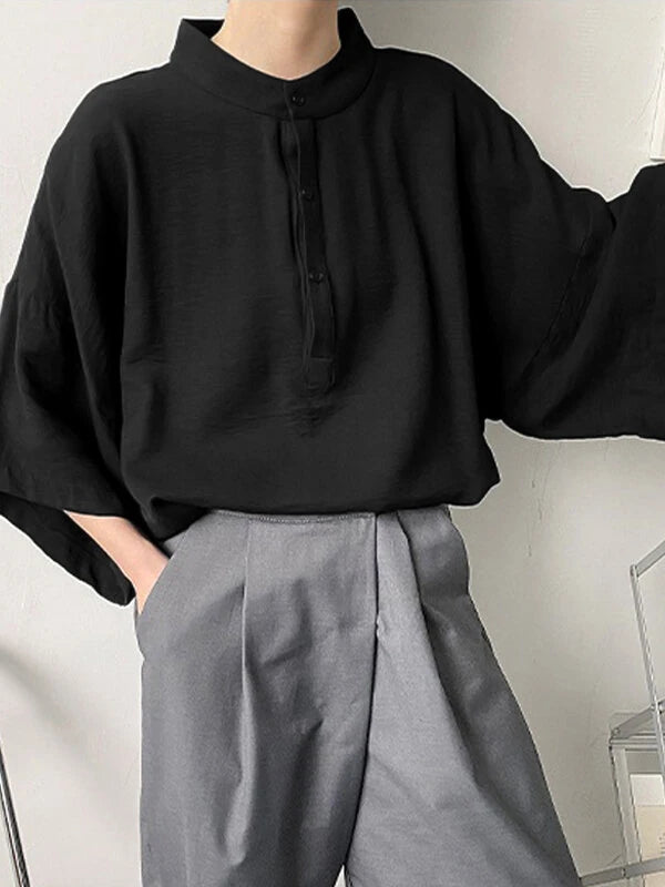 INCERUN Mens Shirt Solid Color Stand Collar Shirt Summer Casual Loose Fit Half Long Sleeve Top Men Clothing Shirts