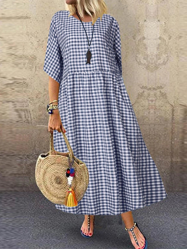ZANZEA Plus Size Women Long Dress Casual Loose Plaid Print O-Neck Half Sleeve Beach Maxi Dress