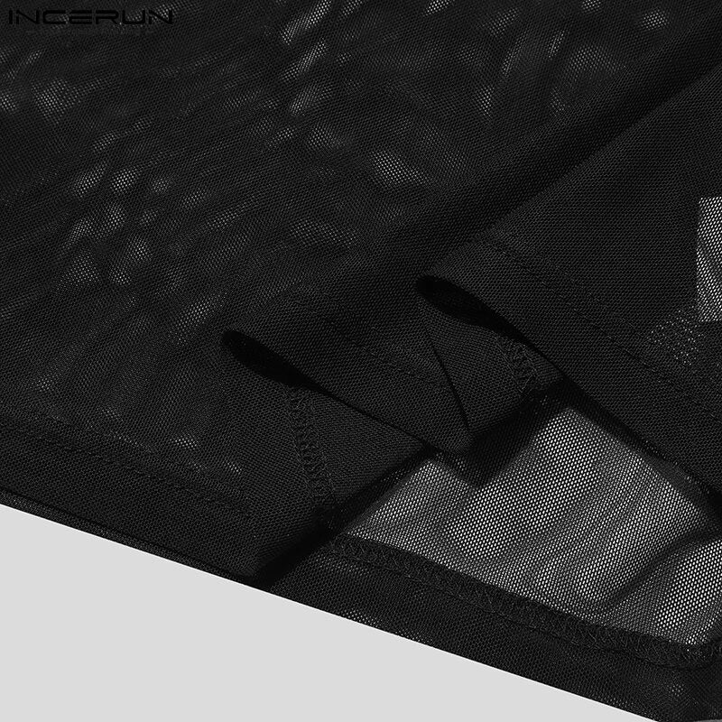 INCERUN Men's T-shirt Solid Color Crew Neck Short Sleeve T-shirt with Design See Through Fabric, Chic Tops Suitable for Summer Nightclubs Leisurewear