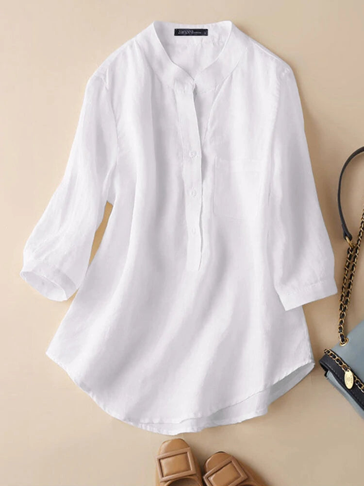 Solid Button Pocket High-Low Hem Casual Cotton Blouse