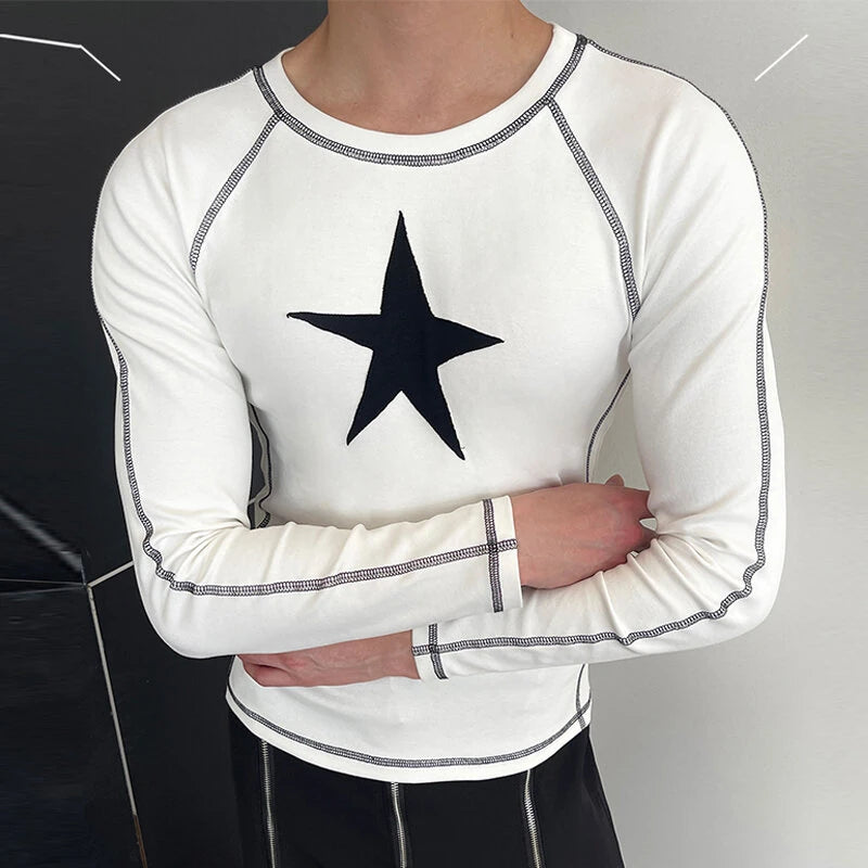 INCERUN Men Start Print White Tight T-shirt Fashion Stitching Crew Neck Long Sleeve White Top Tee for Men Plus Size, Spring Fall