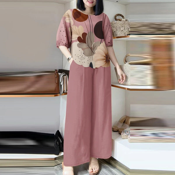 ZANZEA Womens Two-Piece Set Lady Elegant Sets Crew Neck Lantern Sleeve Graphic Print Tops Wide Leg Trousers Suits