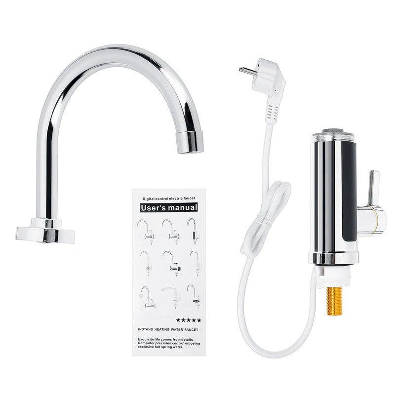 AGSIVO 3000W Instant Electric Water Heater Faucet Tap Tankless LED Digital Display Stainless Steel EU Plug for Kitchen Bathroom