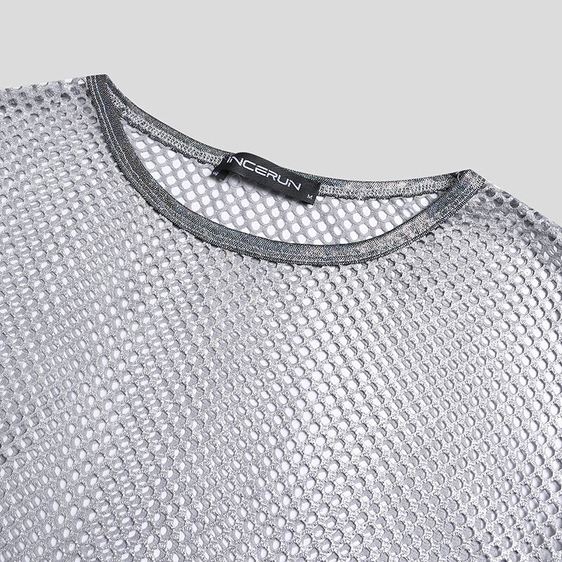 INCERUN Mens Tshirt Fashion Shiny Mesh Patchwork See Through Fishnet Short Sleeve T-Shirt Summer Cool Short Top