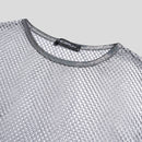 INCERUN Mens Tshirt Fashion Shiny Mesh Patchwork See Through Fishnet Short Sleeve T-Shirt Summer Cool Short Top