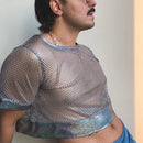 INCERUN Mens Tshirt Fashion Shiny Mesh Patchwork See Through Fishnet Short Sleeve T-Shirt Summer Cool Short Top