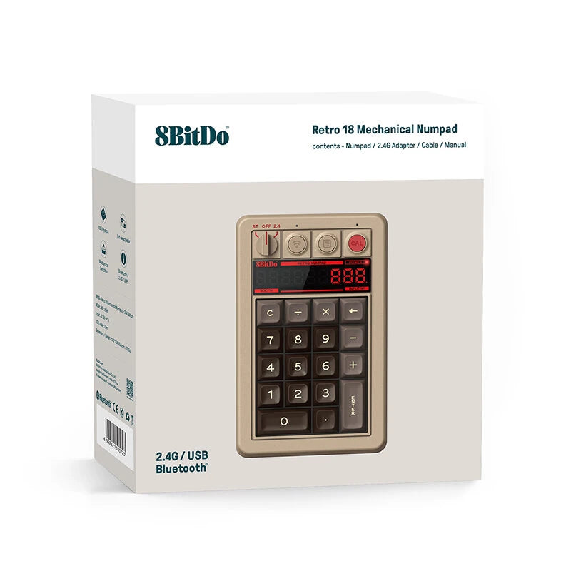 8Bitdo Retro18 18 Keys Mechanical Numeric Keypad Tri-mode Calculator Retro Mechanical Keyboard Hot Swappable Top Structure Kailh Box White Switches V2 NKRO LED Display for PC Laptop Computer Android