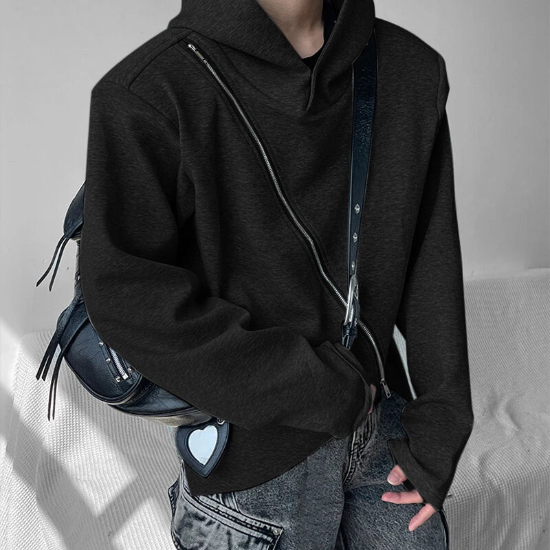 INCERUN Men Hooded Sweatshirts Trendy Asymmetric Zip Long Sleeve Hoodie with Irregular Hem for Fashion-forward Males Clothing