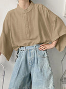 INCERUN Mens Shirt Solid Color Stand Collar Shirt Summer Casual Loose Fit Half Long Sleeve Top Men Clothing Shirts