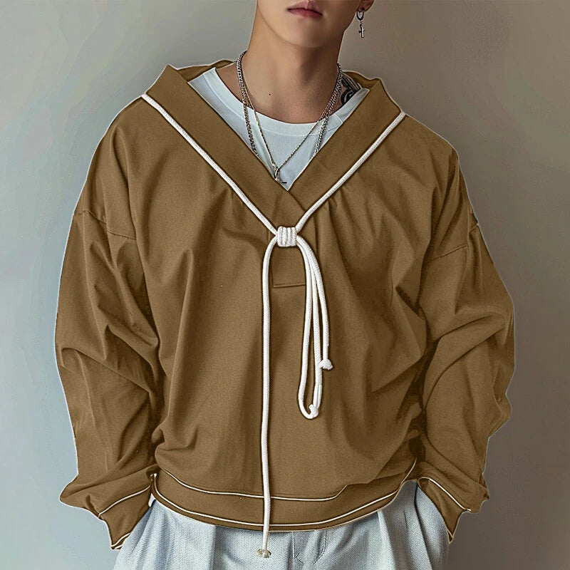 INCERUN Mens Twist Patchwork V-Neck Long Sleeve T-Shirt Fashion Solid Color Drawstring Design Tshirt