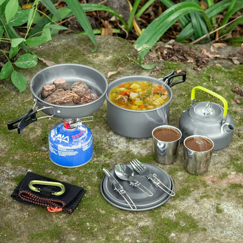 2~3 Person Camping Tableware Aluminum Nonstick Cookware Outdoor Cooking Pan Supplies Kettle Pot Pan Bowl Hiking Trip Picnic