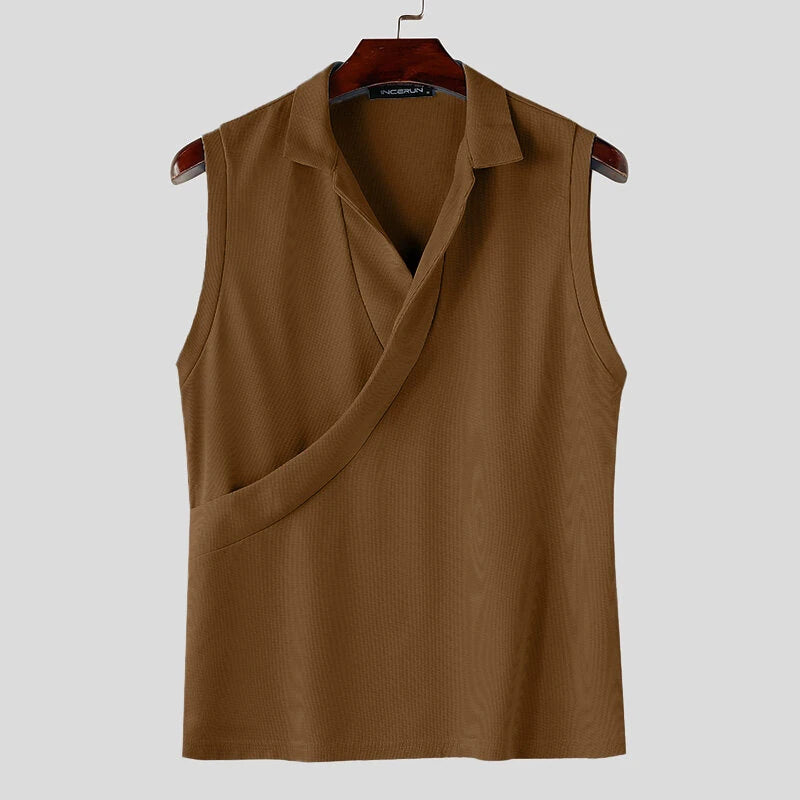 INCERUN Mens Minimalist Solid Color Textured Tank Fashion Lapel V-neck Sleeveless Top for Male