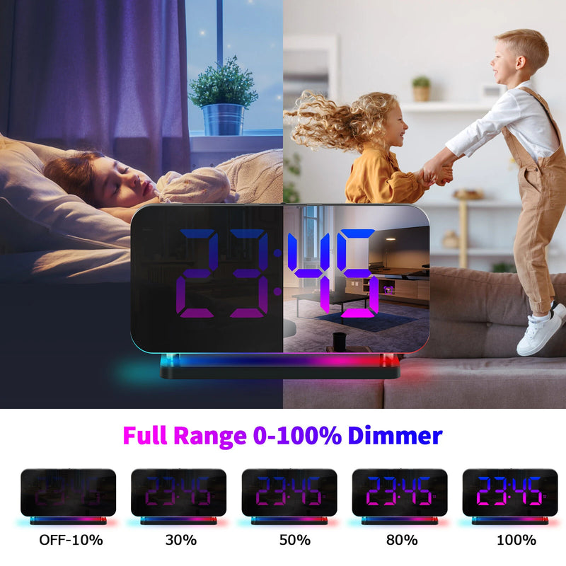 Large Screen Electronic LED Mirror Clock Colorful RGB Display Colorful Night Light Radio Projection Clock Led Electronic Clock Desktop Alarm Clock