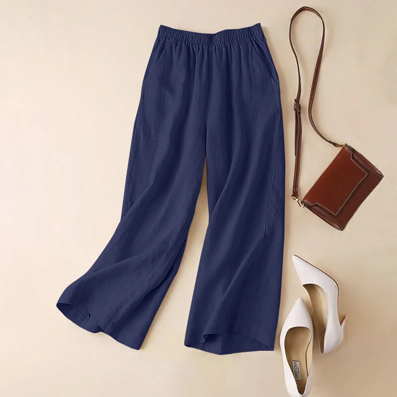ZANZEA Women Cotton Elastic Waist Solid Color Long Pants Casual Loose Straight Trousers
