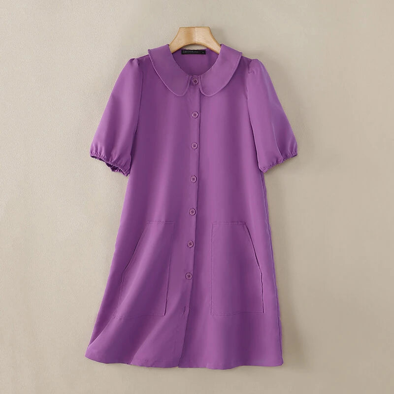 ZANZEA Elegant Style Women Shirt Dress Holiday Casual Raglan Sleeve Sundress Turn-Down Collar Solid Mini Vestidos Dress