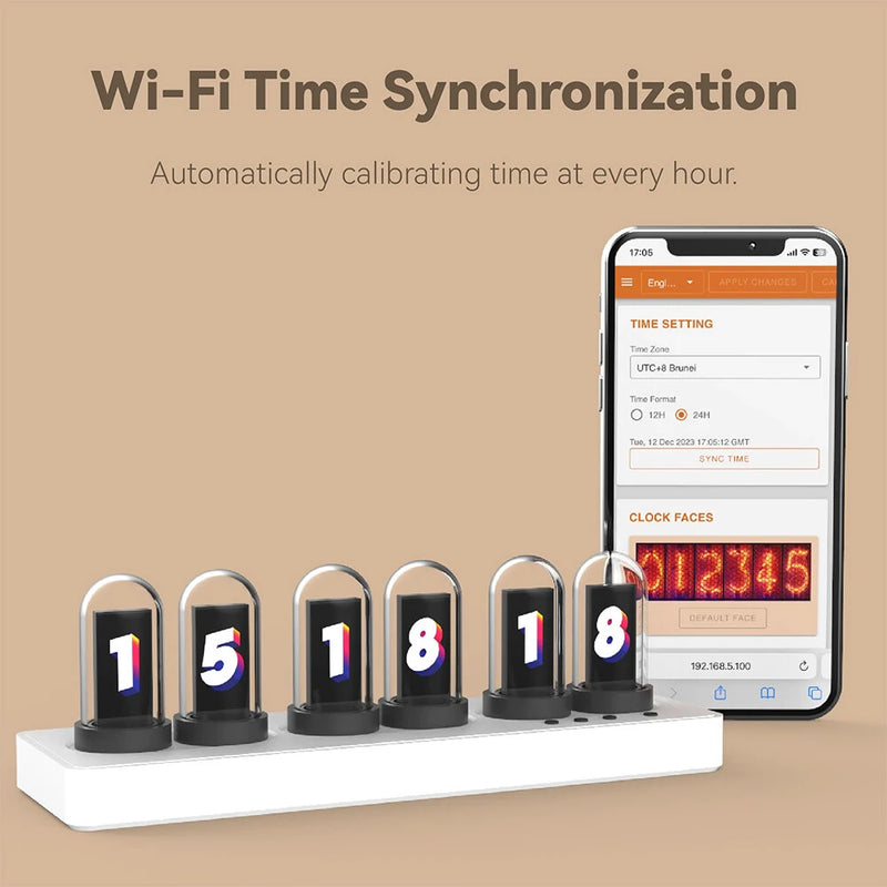 MiniIPS Multi-Function Wireless Control Smart Desktop Alarm Clock 6-Digit Color Screen Digital Clock Wifi Control Quasi-Glow Tube Alarm Clock Wireless Phone Table Decoration