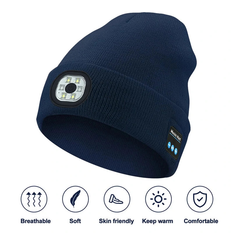 LED Light Bluetooth Beanie Unisex Warm Knitted Beanie 3 Light Modes Waterproof Rechargeable Wireless Music Flashlight Hat for Camping Jogging Fishing Cycling