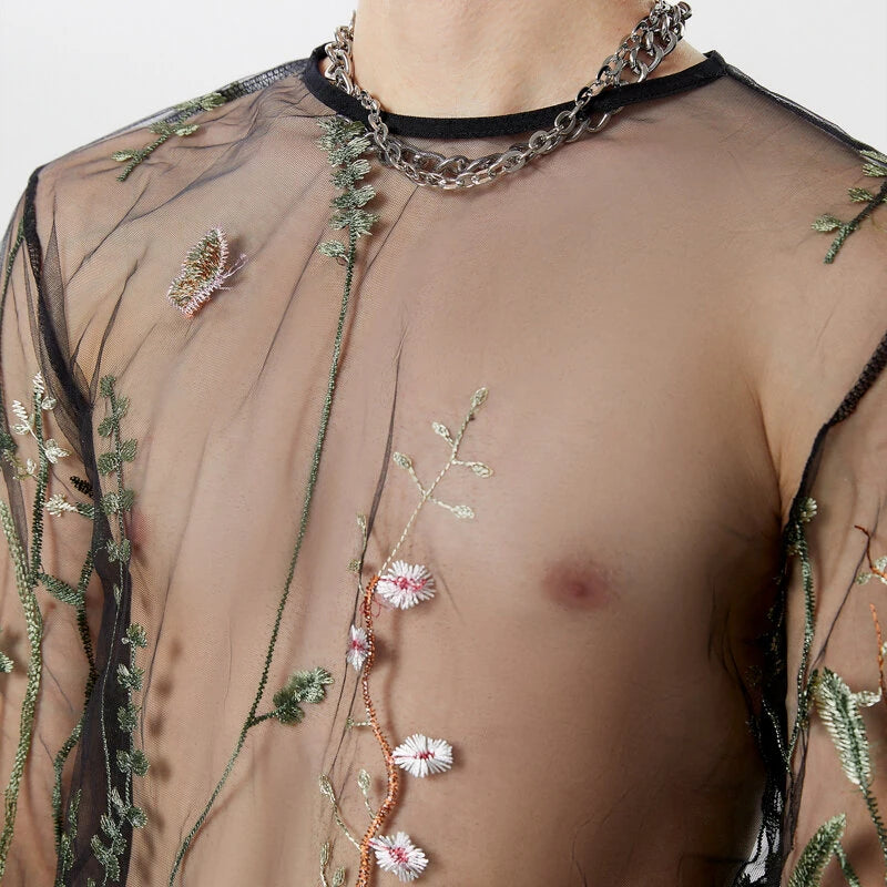 INCERUN Men T-shirts Fashion See-through Mesh Embroidered Flower Decor Long Sleeve Black Tshirts Summer Cool Party Male Tops