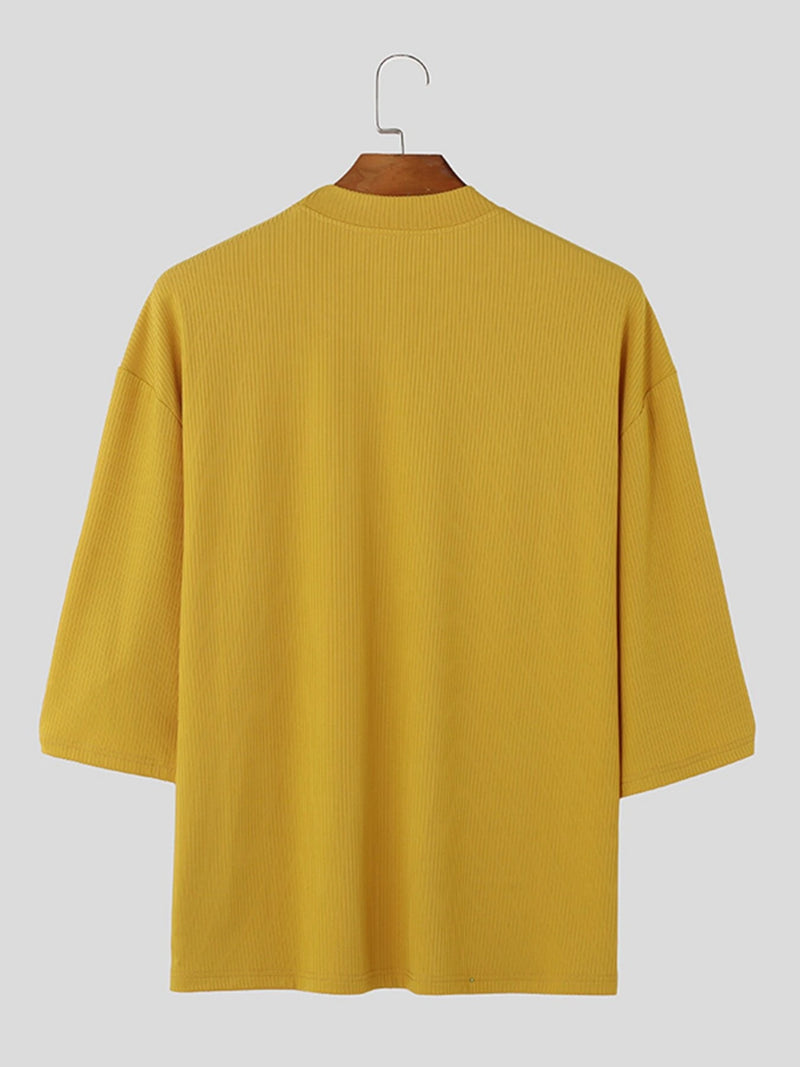 INCERUN Mens T-Shirt Solid Color Knitted Summer Casual Men Clothing Tops