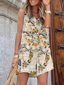 Sleeveless Button Print Flower Pocket Regular Fit Jumpsuit