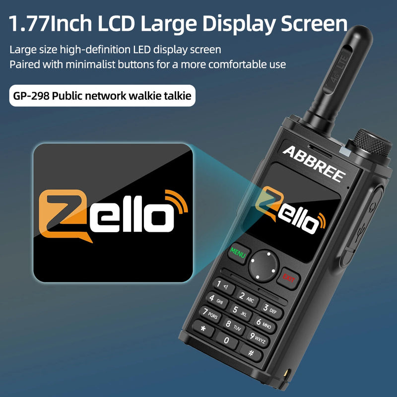 ABBREE GP-298 Public Network Walkie Talkie 4G LTE Android 5.1 WiFi Bluetooth Long Range 5000mAh Two-Way Radio Group Call Noise Cancellation Global POC Zello Compatible Sim Card