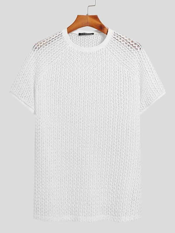Mens Hollow Round Neck Short Sleeve T-Shirt