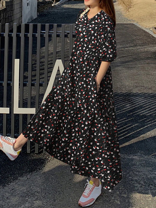Floral Print Pocket Half Sleeve Ruffle Casual Maxi Dress