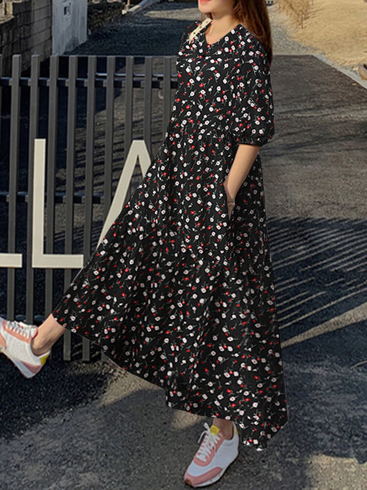 Floral Print Pocket Half Sleeve Ruffle Casual Maxi Dress