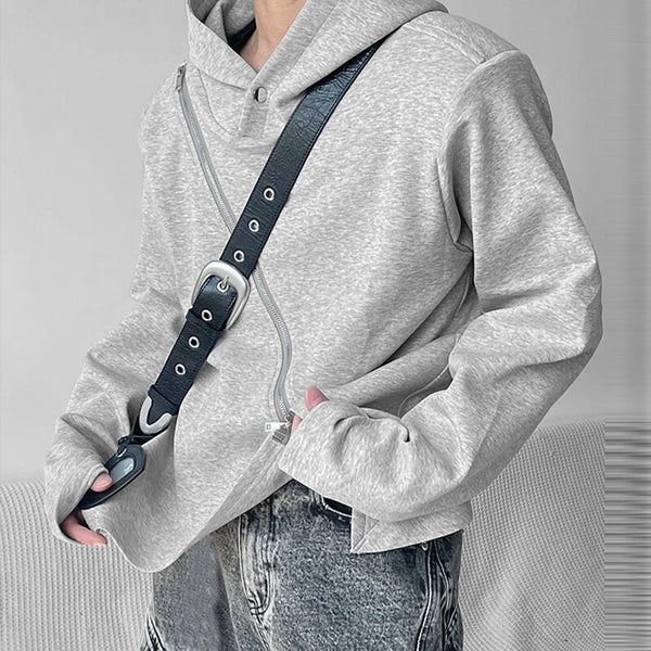 INCERUN Men Hooded Sweatshirts Trendy Asymmetric Zip Long Sleeve Hoodie with Irregular Hem for Fashion-forward Males Clothing