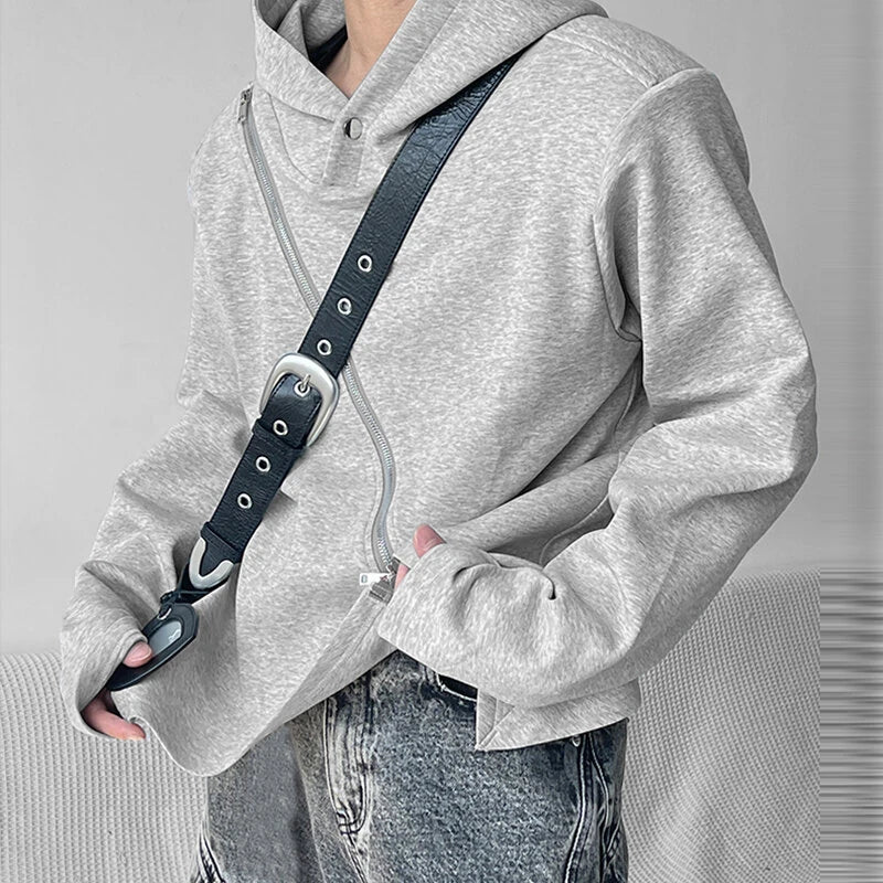 INCERUN Men Hooded Sweatshirts Trendy Asymmetric Zip Long Sleeve Hoodie with Irregular Hem for Fashion-forward Males Clothing